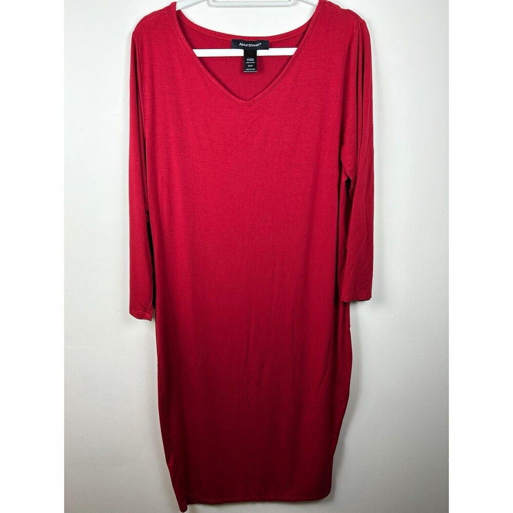 Ashley Stewart Red Solid Knit V-Neck 3/4 Sleeve Shift Midi Dress 22/24